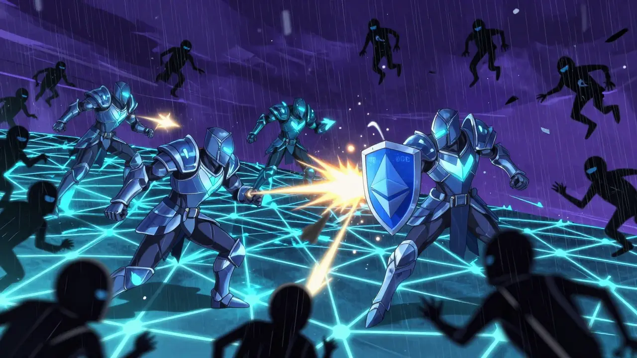 Batalla digital en la red Ethereum entre nodos defensores y entidades de ataque con EIP-7002 como escudo.