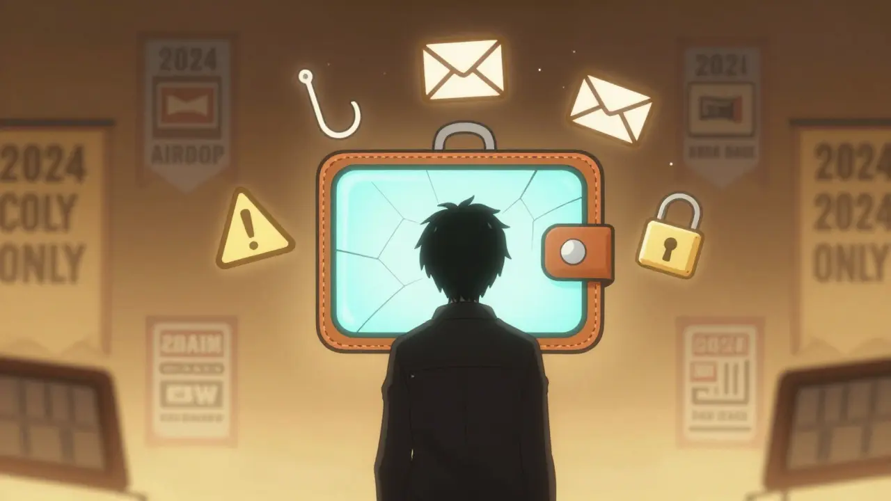 Billetera digital con advertencias de phishing, alejándose de un botón engañoso de reclamo.