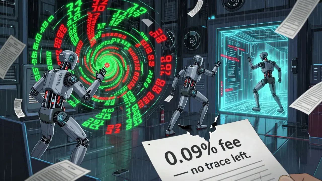 Bots cibernéticos ejecutando ataques con préstamos flash, manipulando precios y drenando una billetera DeFi en un entorno cyberpunk.