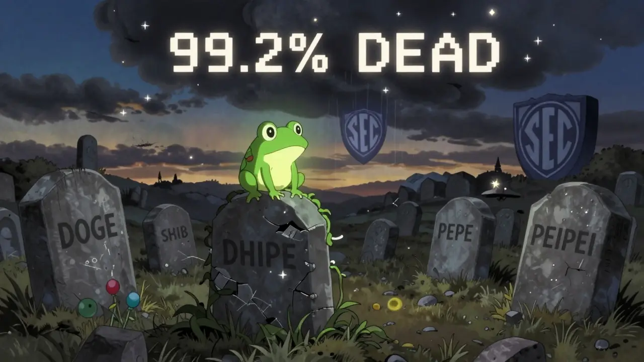Cementerio de criptomonedas muertas con una tumba de PEIPEI bajo una nube de la SEC.