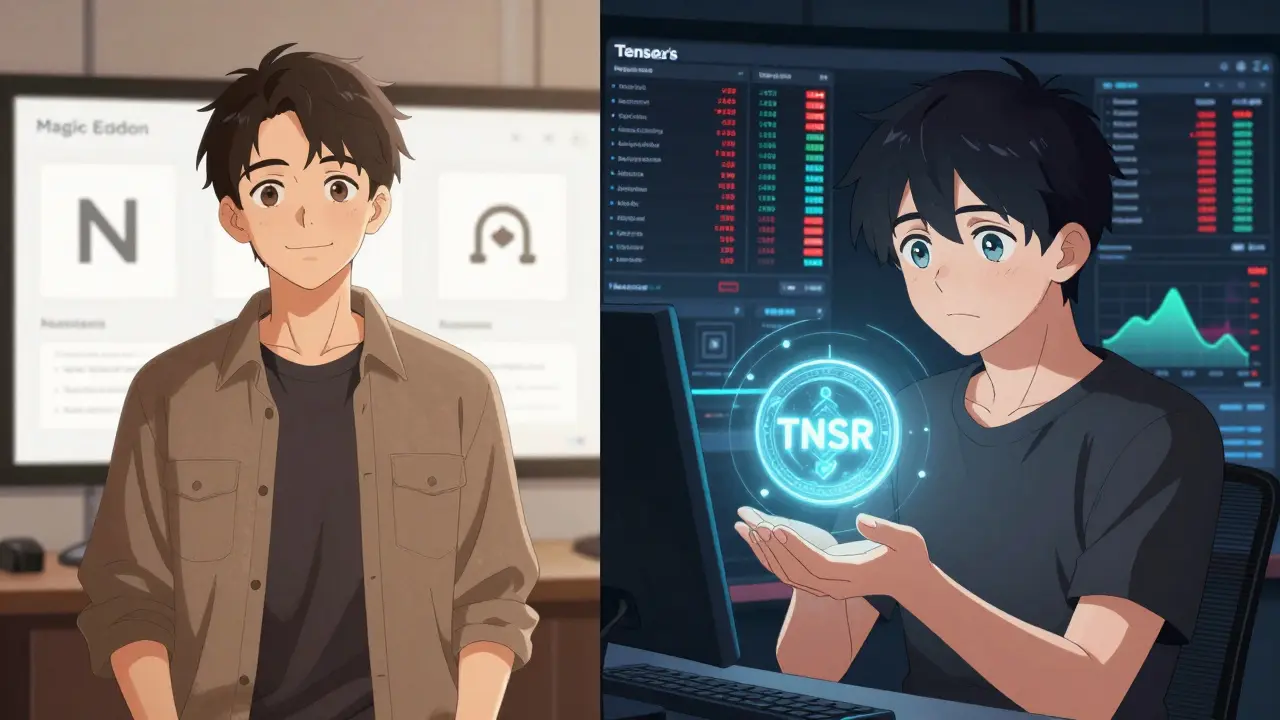Comparación entre una plataforma simple de NFT y el complejo panel de trading de Tensor, estilo anime.