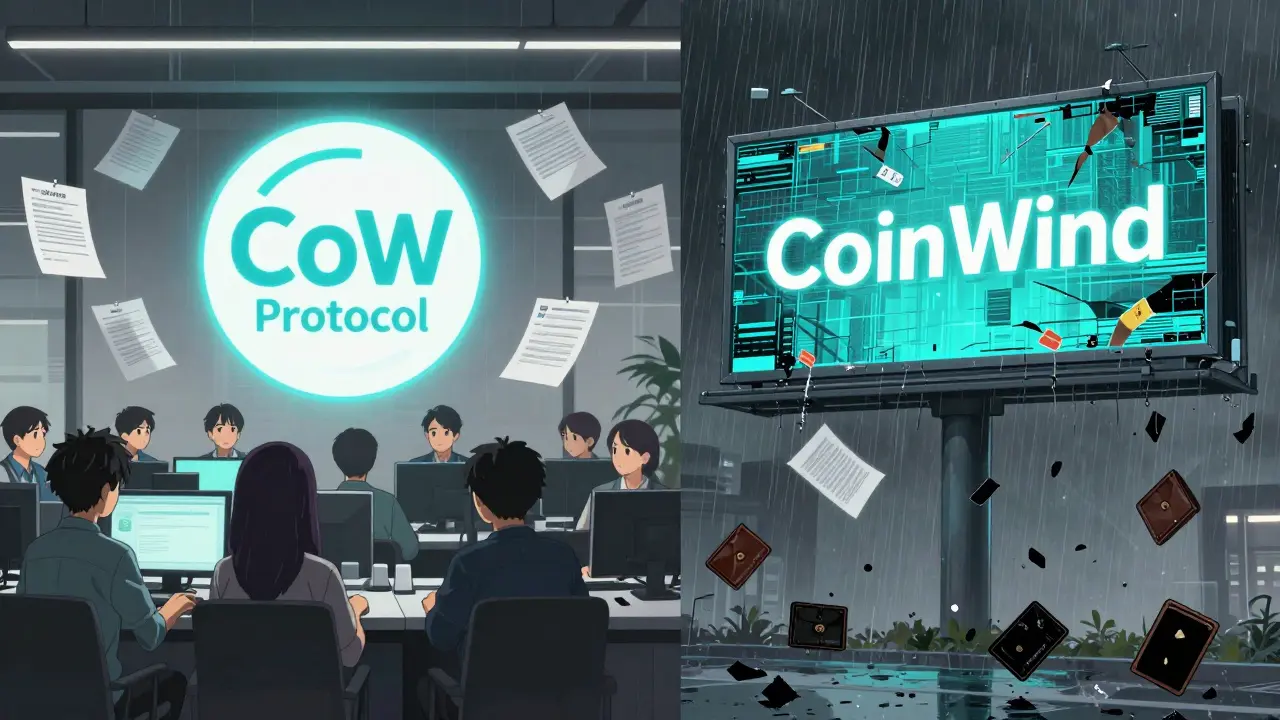 Contraste entre CoW Protocol real y CoinWind falso, uno brillante y el otro se desmorona.