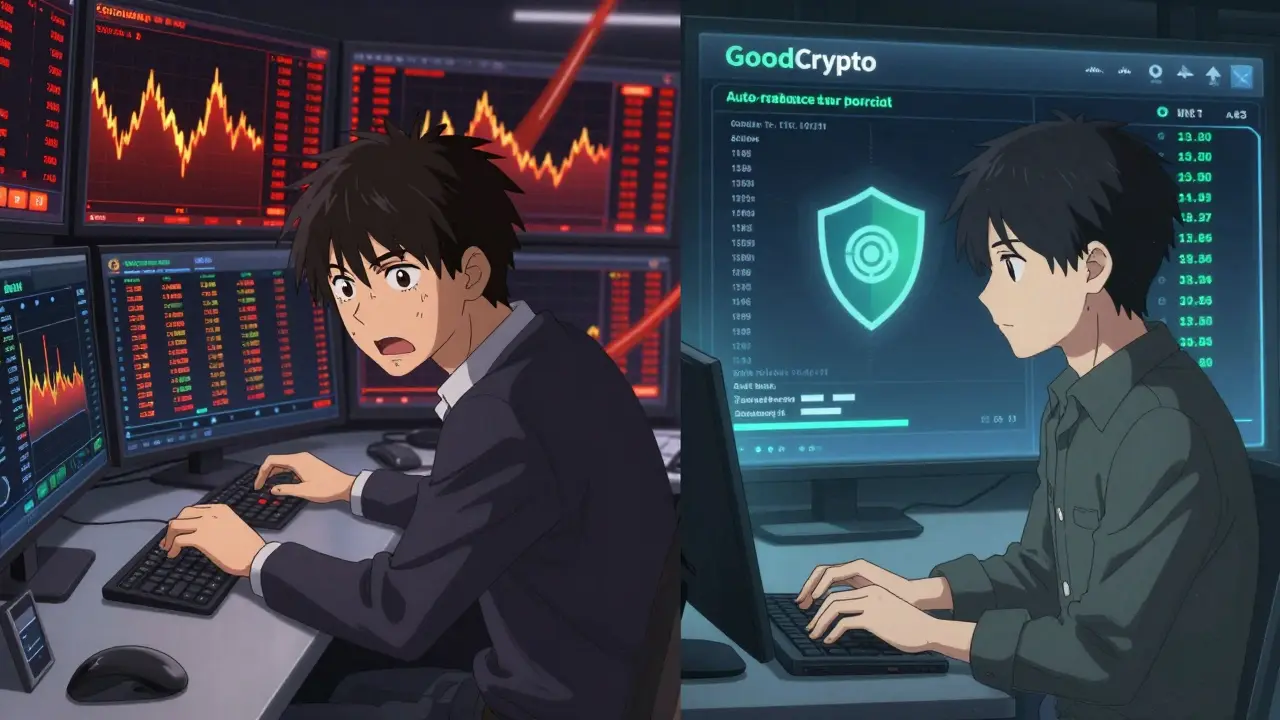 Contraste entre trader estresado y inversionista tranquilo usando GoodCrypto para rebalancear su cartera.