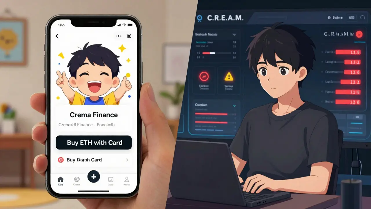 Contraste entre un principiante engañado y un experto en DeFi gestionando préstamos en una interfaz compleja.