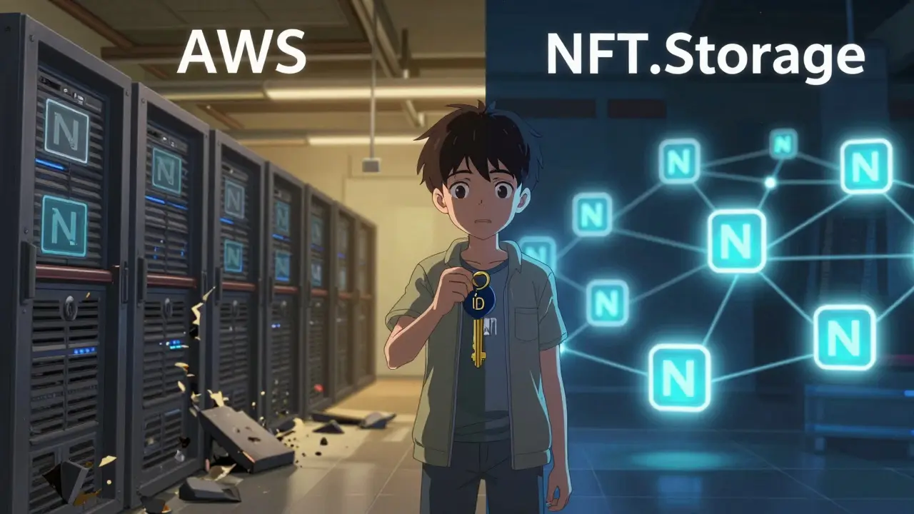 Contraste entre un servidor centralizado en ruinas y una red IPFS activa, con un protagonista eligiendo el camino correcto.