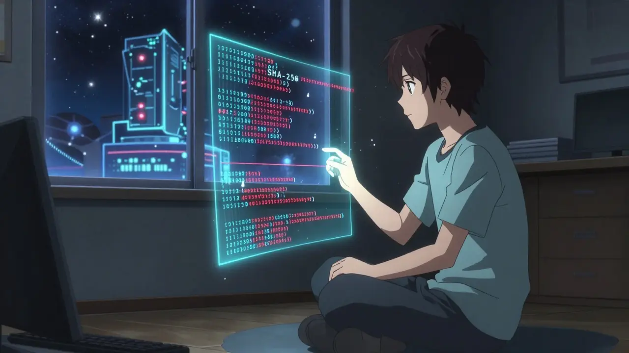 Desarrollador escribiendo código hash en el aire mientras bloques blockchain se forman y colapsan.