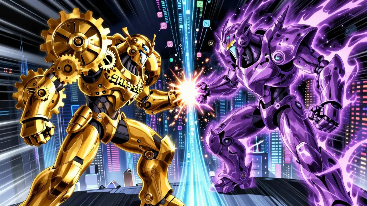 Dos gigantes digitales luchan en una ciudad cyberpunk, representando SHA-256 y Keccak-256.