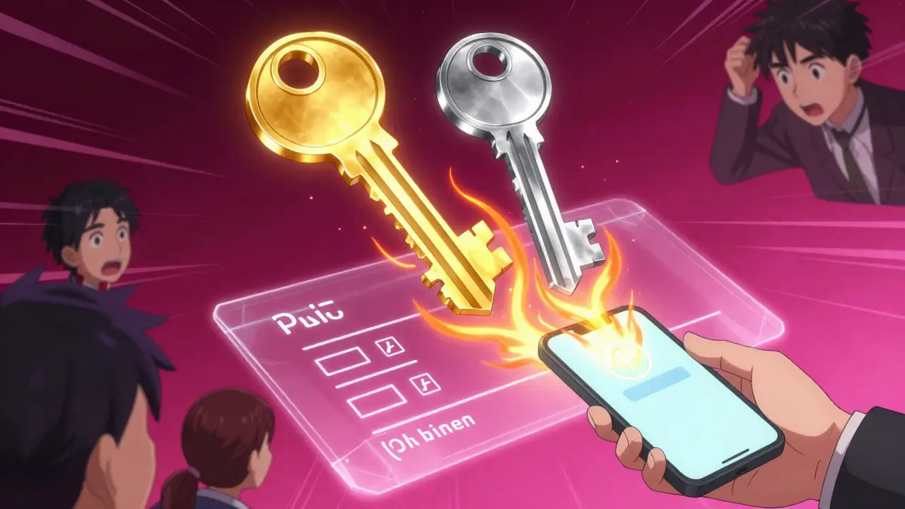 Dos llaves digitales, pública y privada, generando firmas en una cadena de bloques con luces dinámicas.