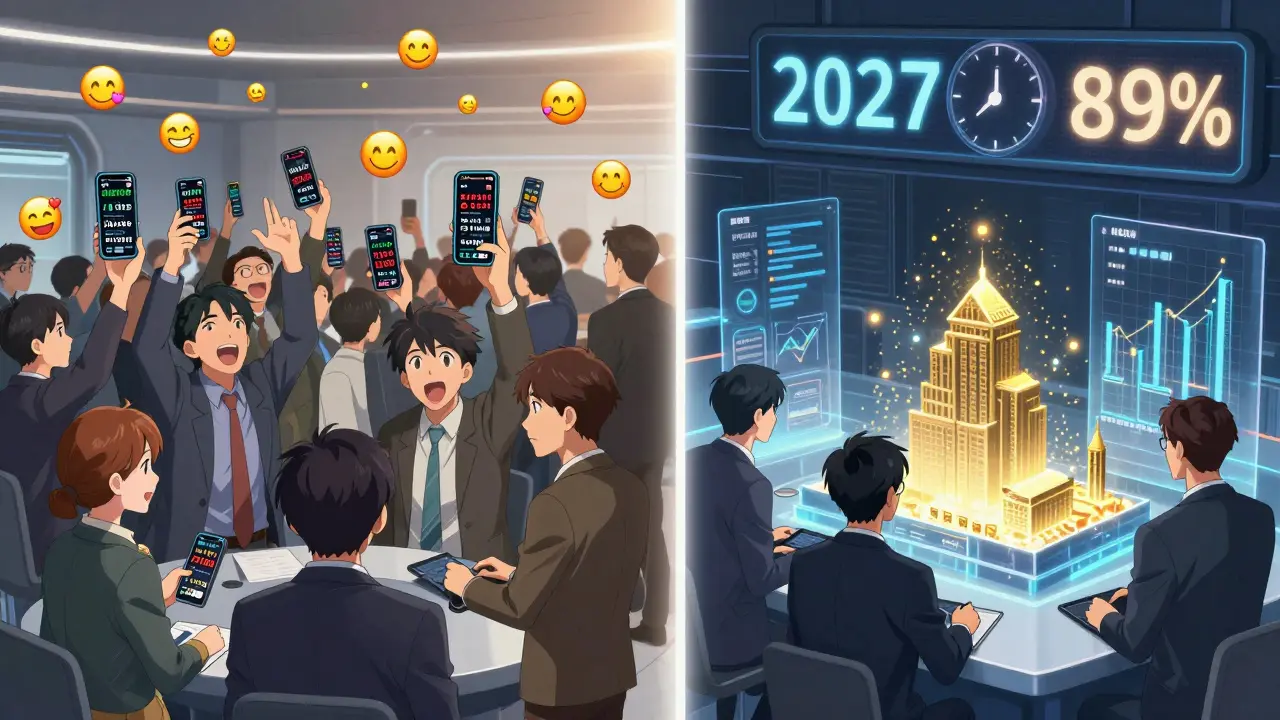 Dos multitudes en una sala de comercio: una caótica con memes y otra tranquila con modelos de activos reales y pagos de dividendos.