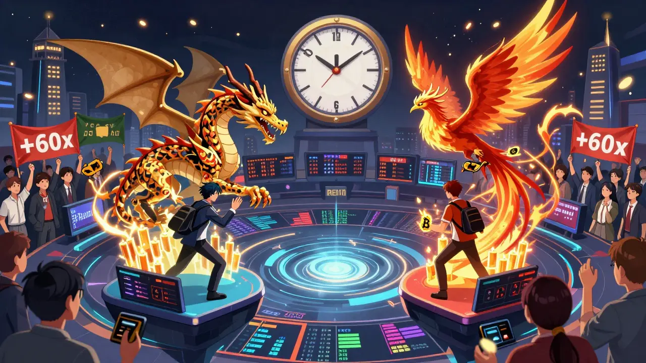 Dos traders compitiendo en una arena social con dragones y fénix hechos de gráficos de criptomonedas.