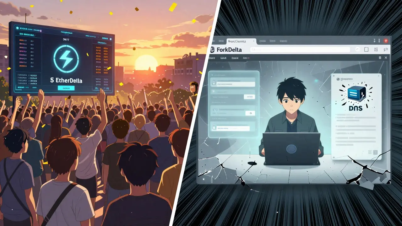 Escena dividida: EtherDelta en 2017 lleno de celebración vs ForkDelta en 2025 desolado y polvoriento, con iconos de DNS roto.