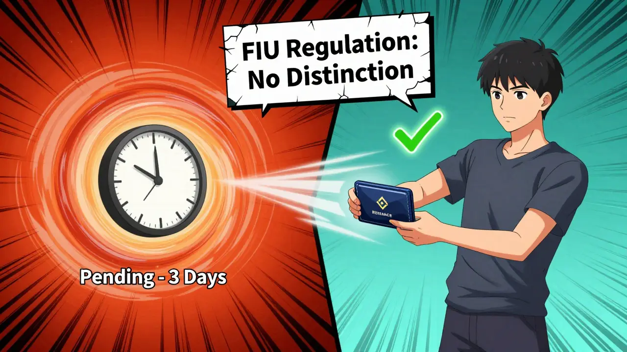 Escena dividida: una transacción de cripto bloqueada a la izquierda y una transferencia segura a la derecha, con efectos visuales de manga.