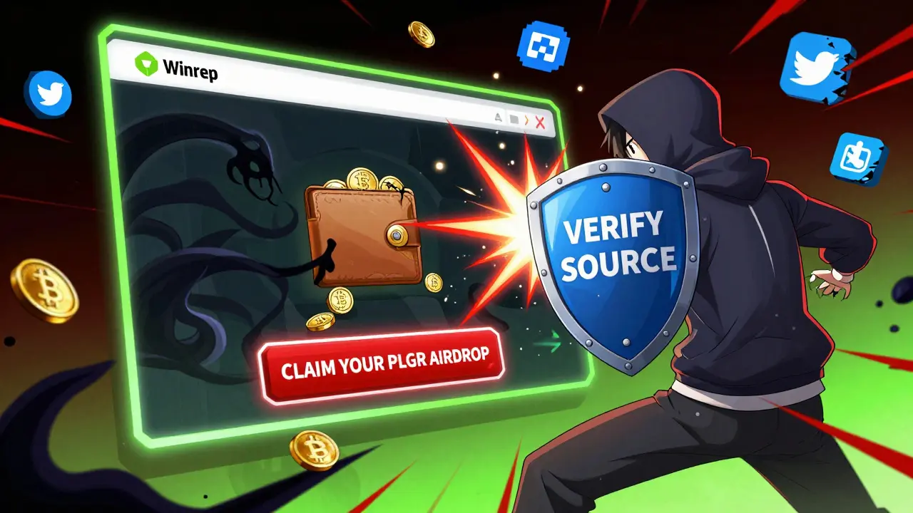 Interfaz de phishing con botón falso 'CLAIM PLGR' y billetera siendo robada por tentáculos digitales.