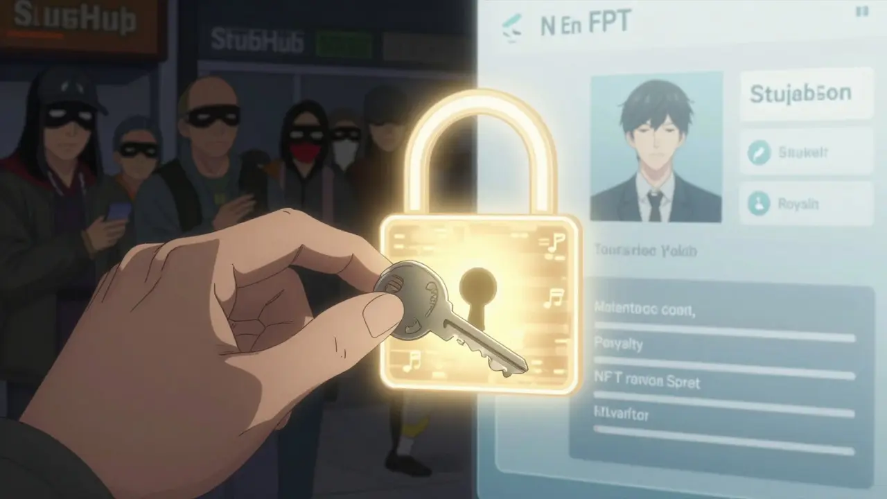 Llave digital abriendo una cerradura de música mientras se contrasta el caos del mercado negro con la transparencia de los NFT.