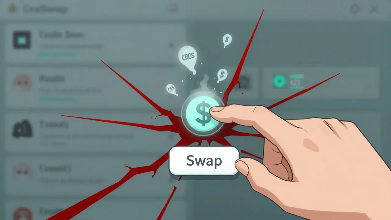 Mano sobre el botón de intercambio de CroSwap, con efectos de slippage y tokens CROS desapareciendo en estática.