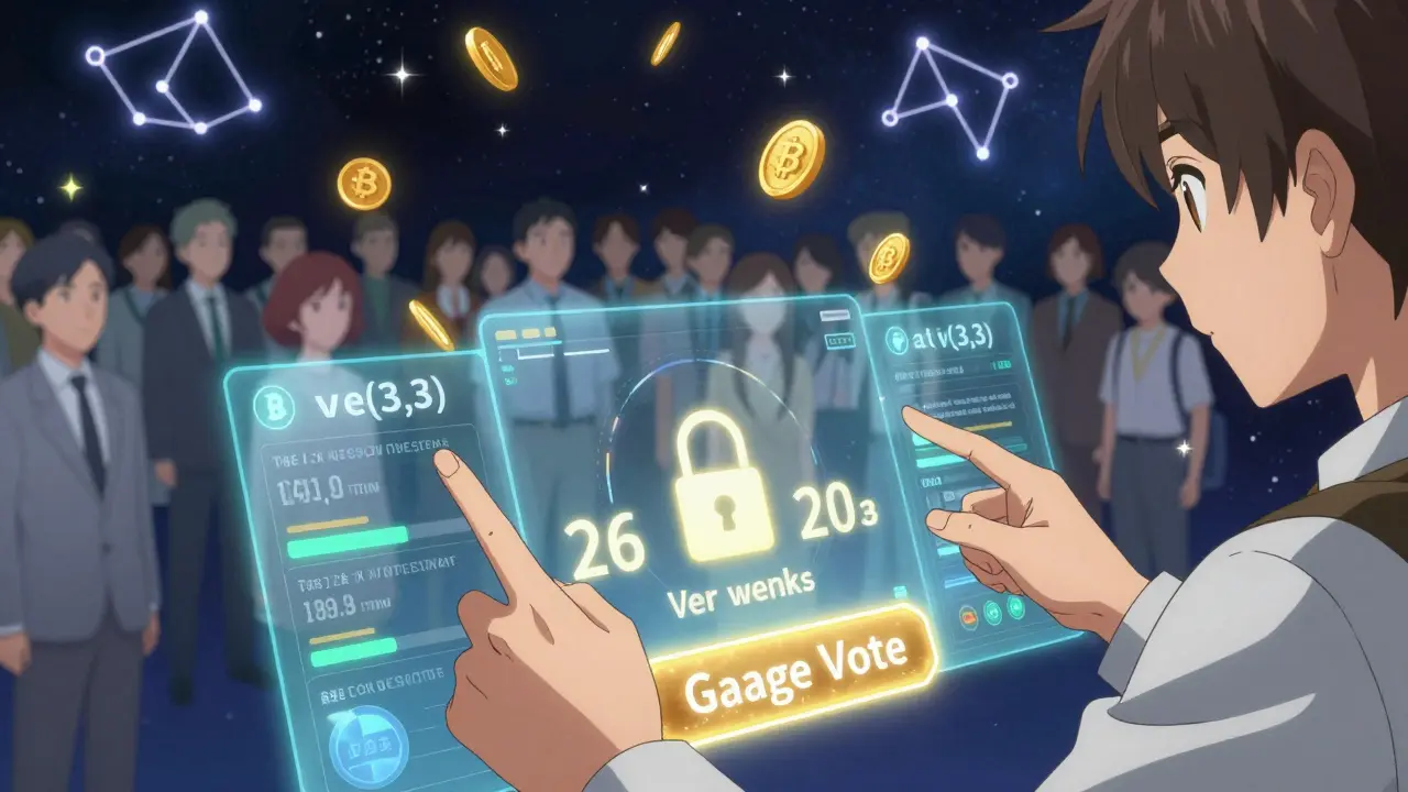 Manos manipulando votos ve(3,3) y temporizadores de bloqueo de tokens THE en un entorno holográfico.