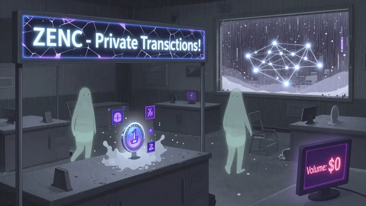 Mercado digital abandonado con un cartel de ZENC y tokens flotantes, mientras inversores se alejan.