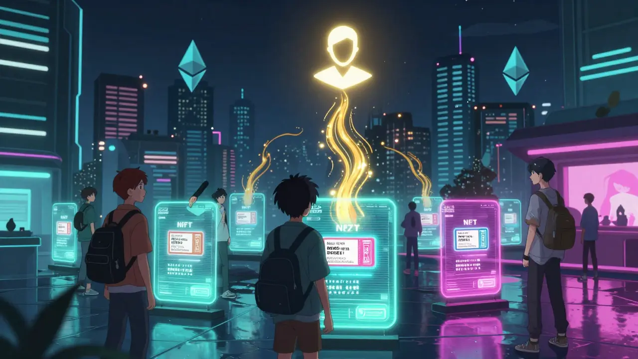 Mercado digital de reventa de entradas NFT con transacciones en hologramas y royalties flotando.