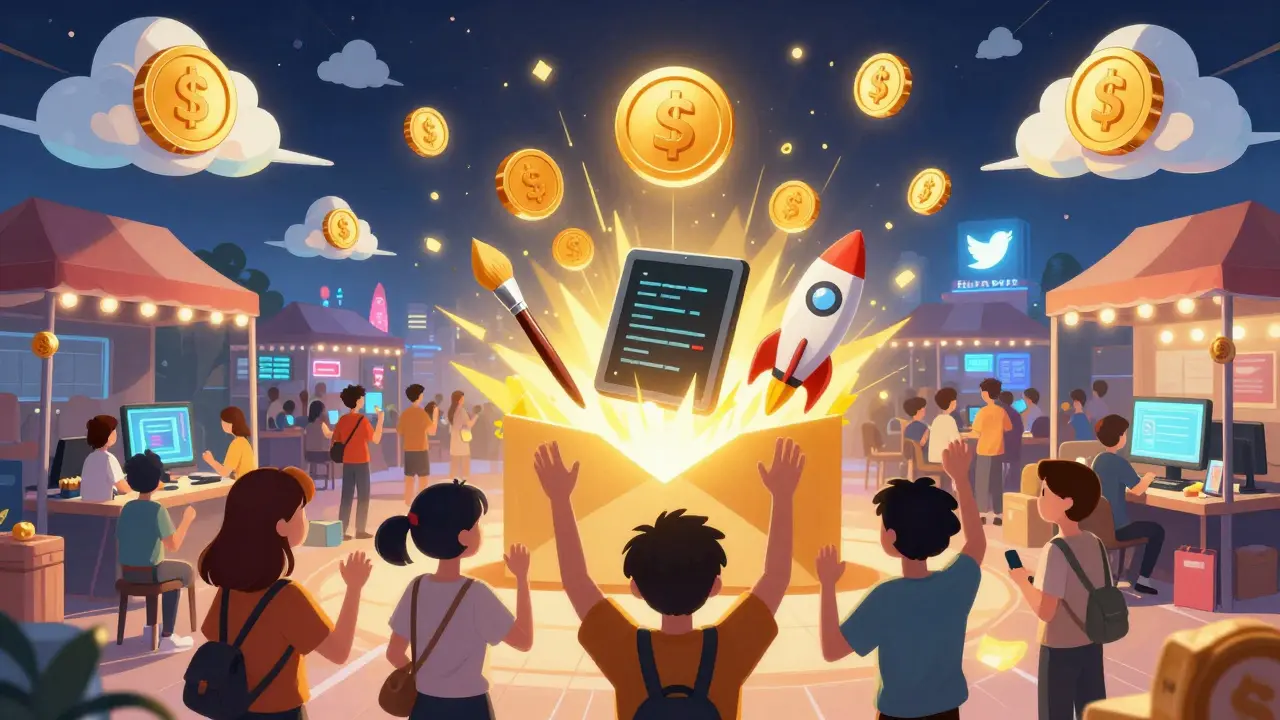 Mercado digital lleno de creadores celebrando un airdrop que entrega herramientas, no solo tokens.