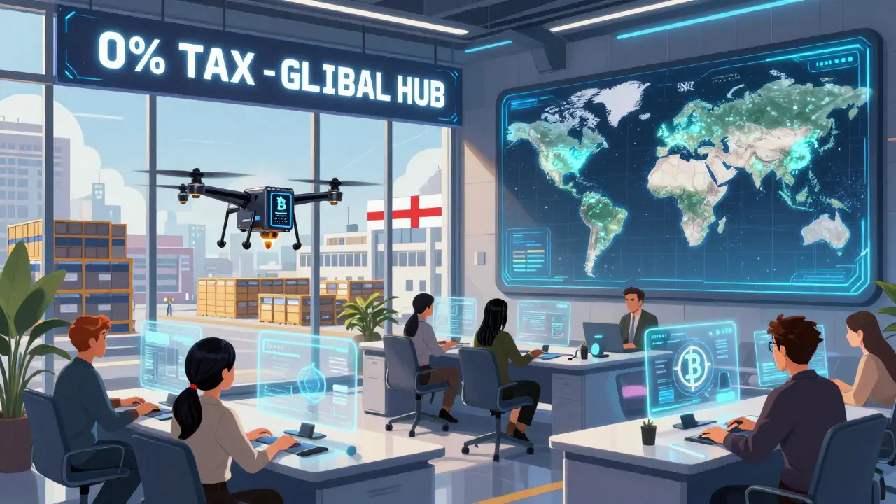 Oficina de la Zona Franca de Tbilisi con equipo global y interfaces AR, mostrando nodos de minería mundial.