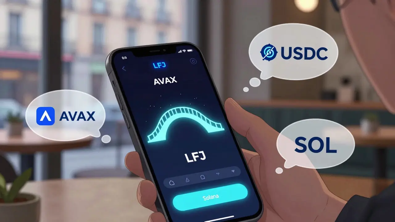 Pantalla de teléfono mostrando un intercambio de AVAX a SOL en LFJ, con burbujas ilustrando el proceso multi-cadena.