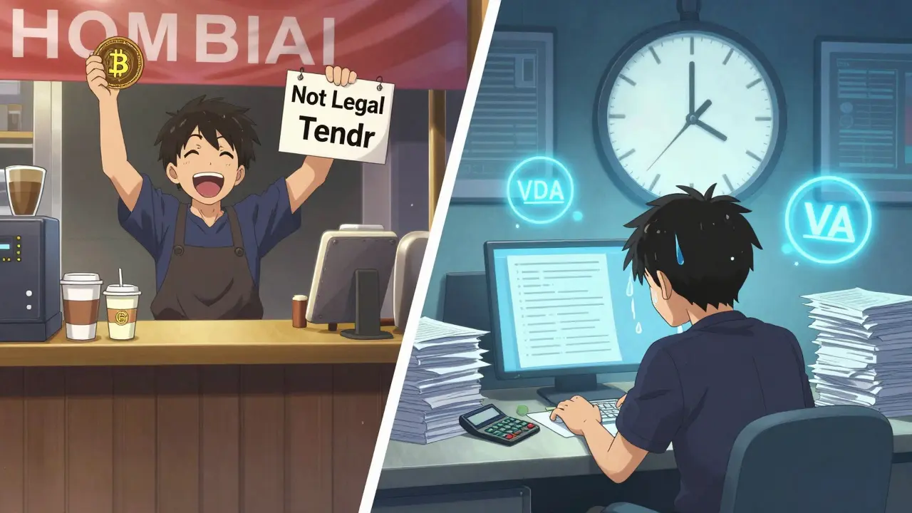 Persona comprando café con Bitcoin mientras recibe documentos fiscales en segundo plano.