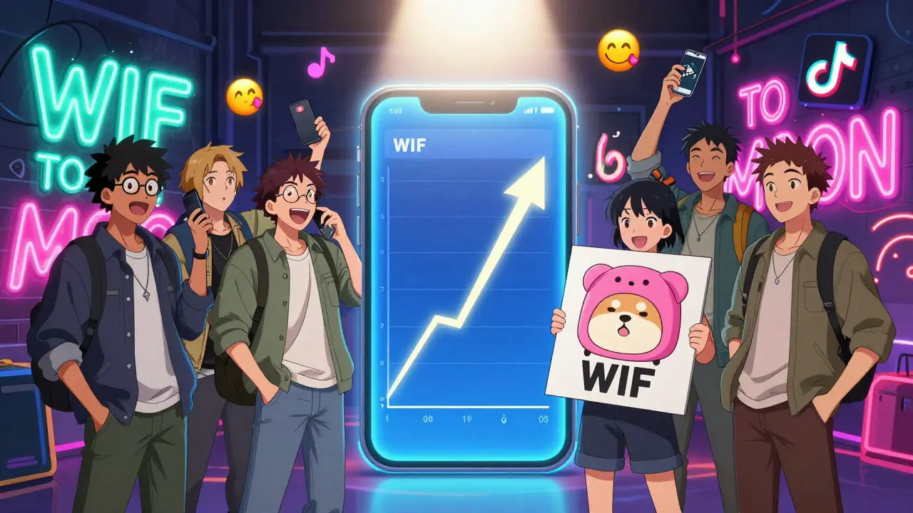 Personas animadas celebran un gráfico de WIF que sube en una pantalla, con memes y emojis alrededor.