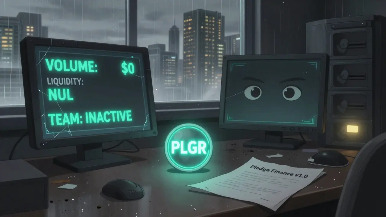 Sala de control abandonada con monitores apagados y un token PLGR solitario sobre un escritorio polvoriento.