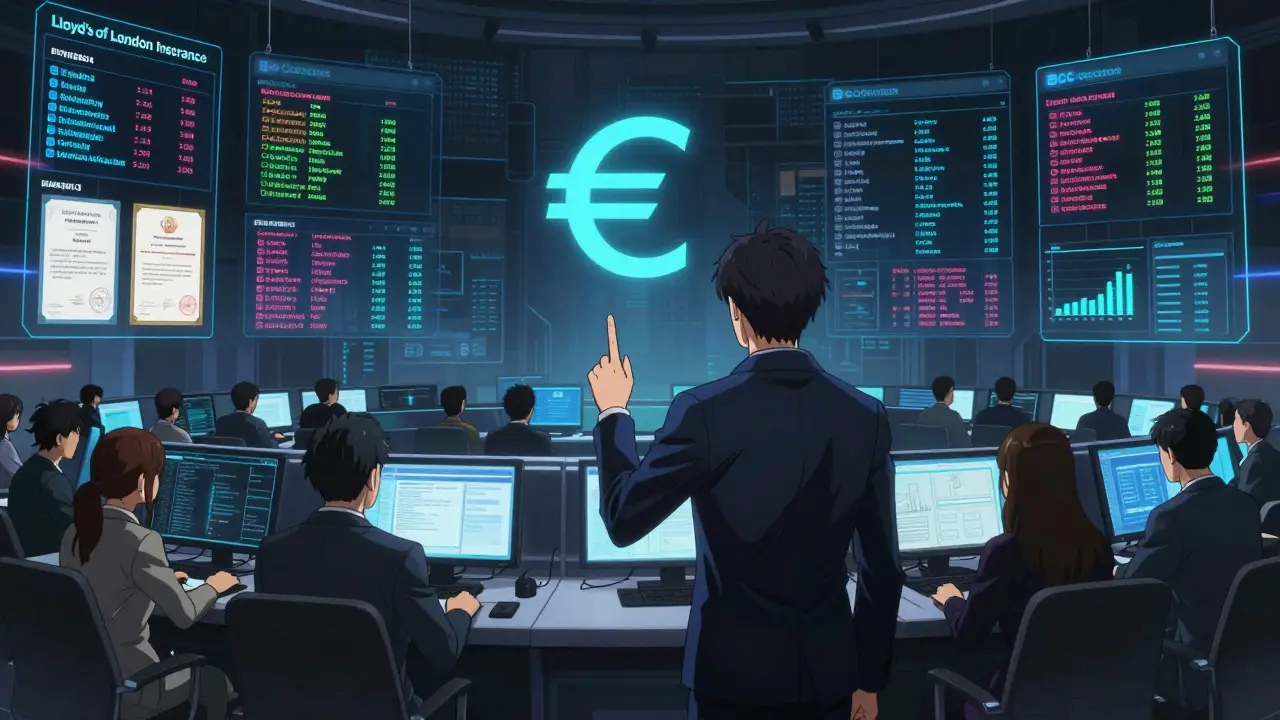 Sala de operaciones institucional en Tallinn con protocolo HybridDEX y certificación de seguro.