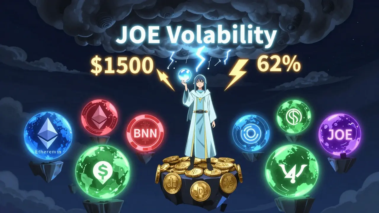 Staker en plataforma flotante de tokens JOE, con ocho mundos blockchain pulsando y una tormenta de volatilidad arriba.