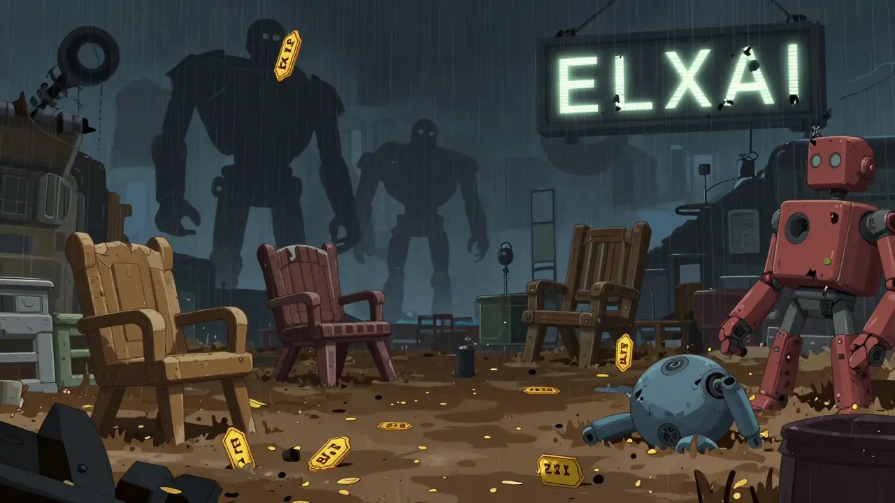 Tokens ELXAI flotando como hojas secas en un paisaje digital devastado, mientras modelos 3D rotos yacen en el barro bajo gigantes de IA.