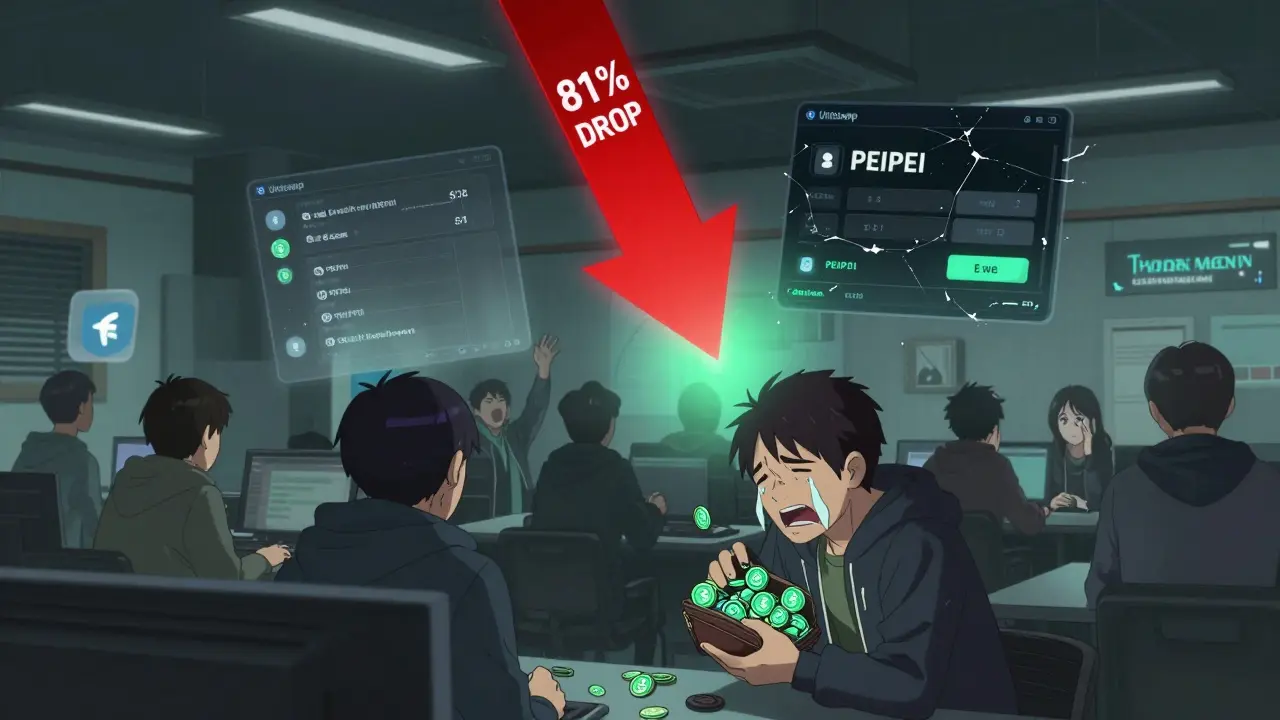 Traders en una sala de criptomonedas intentan vender tokens PEIPEI mientras el precio se desploma.