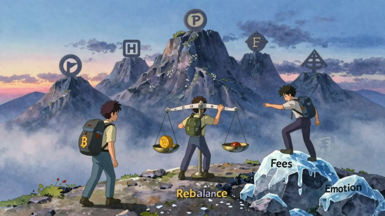 Tres escaladores simbólicos representan estrategias de cripto en un camino montañoso bajo cielo crepuscular.