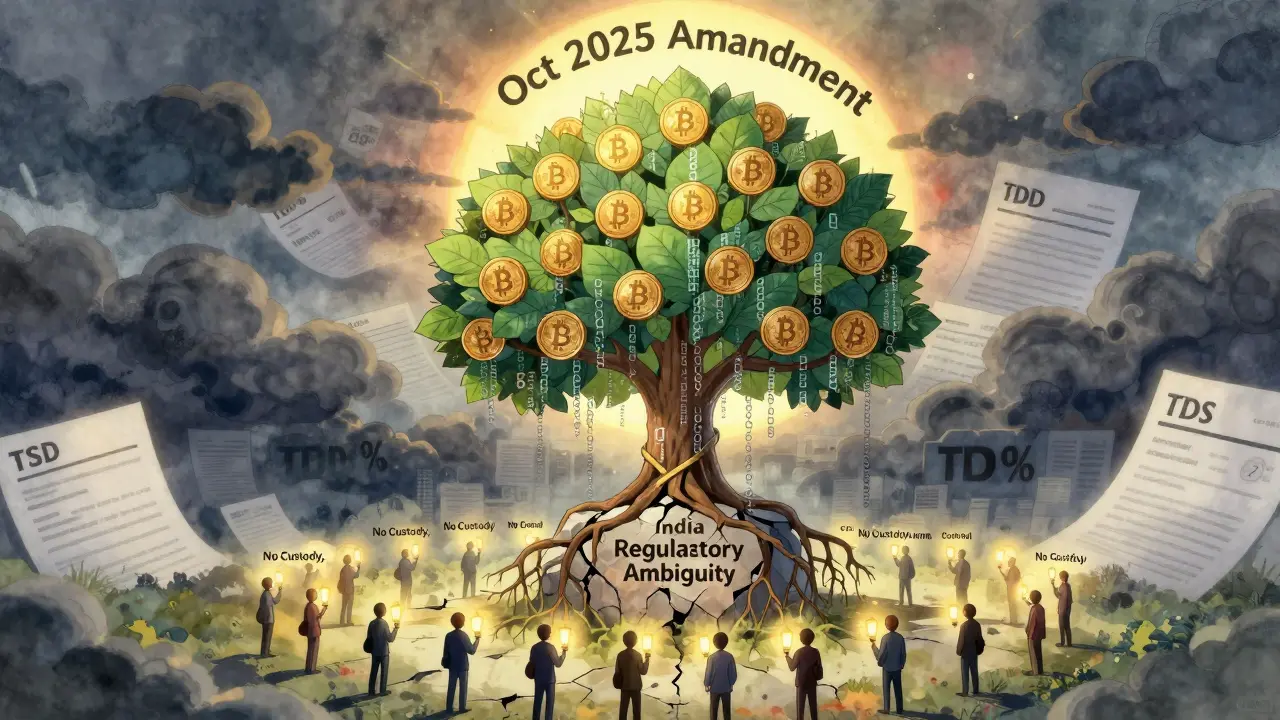 Un árbol blockchain crece entre la confusión regulatoria, iluminado por las luces de millones de usuarios que mantienen su autonomía.