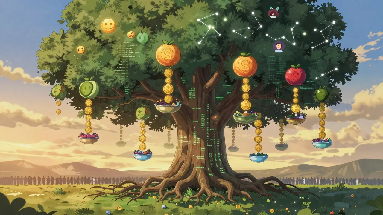 Un árbol digital con frutos de S que se convierten en stS, alimentando una red DeFi, bajo un cielo con constelaciones de emojis.