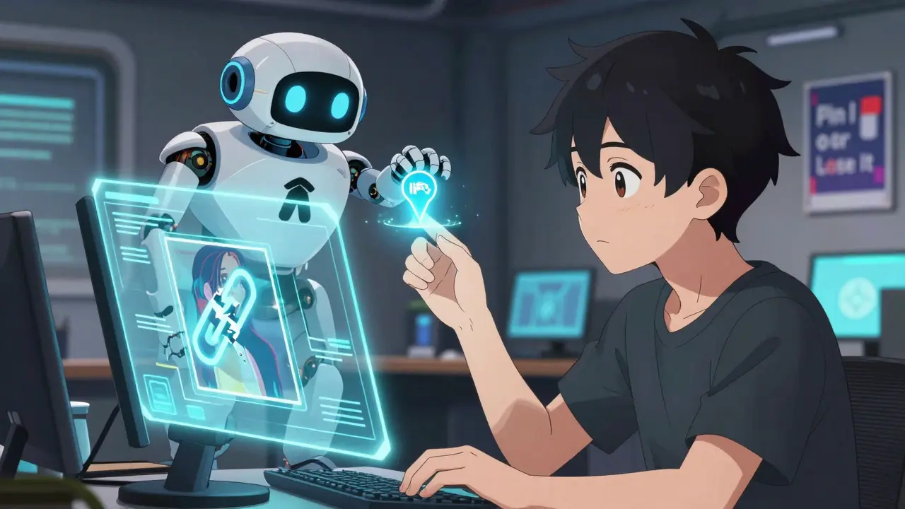 Un artista observa un NFT roto mientras un robot con logotipo Pinata lo restaura en una red IPFS.