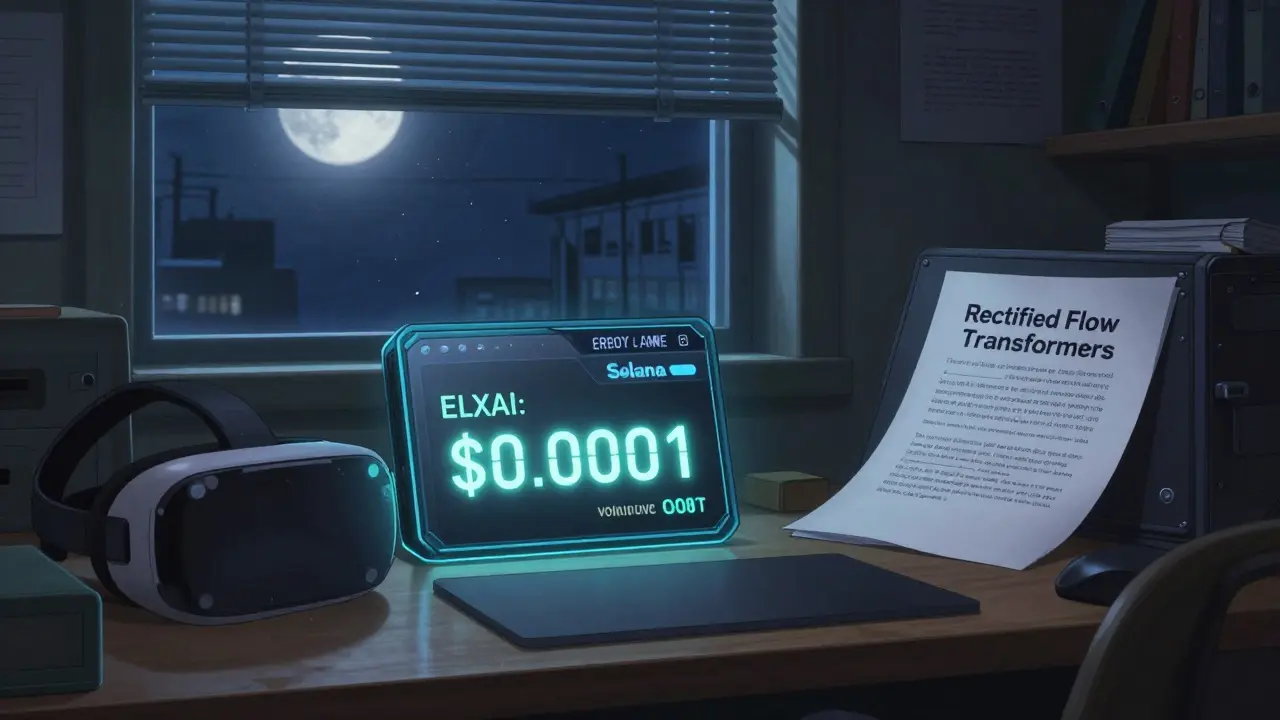 Un billetera digital mostrando ELXAI con volumen cero, junto a un whitepaper y un casco VR inutilizado en una habitación oscura.