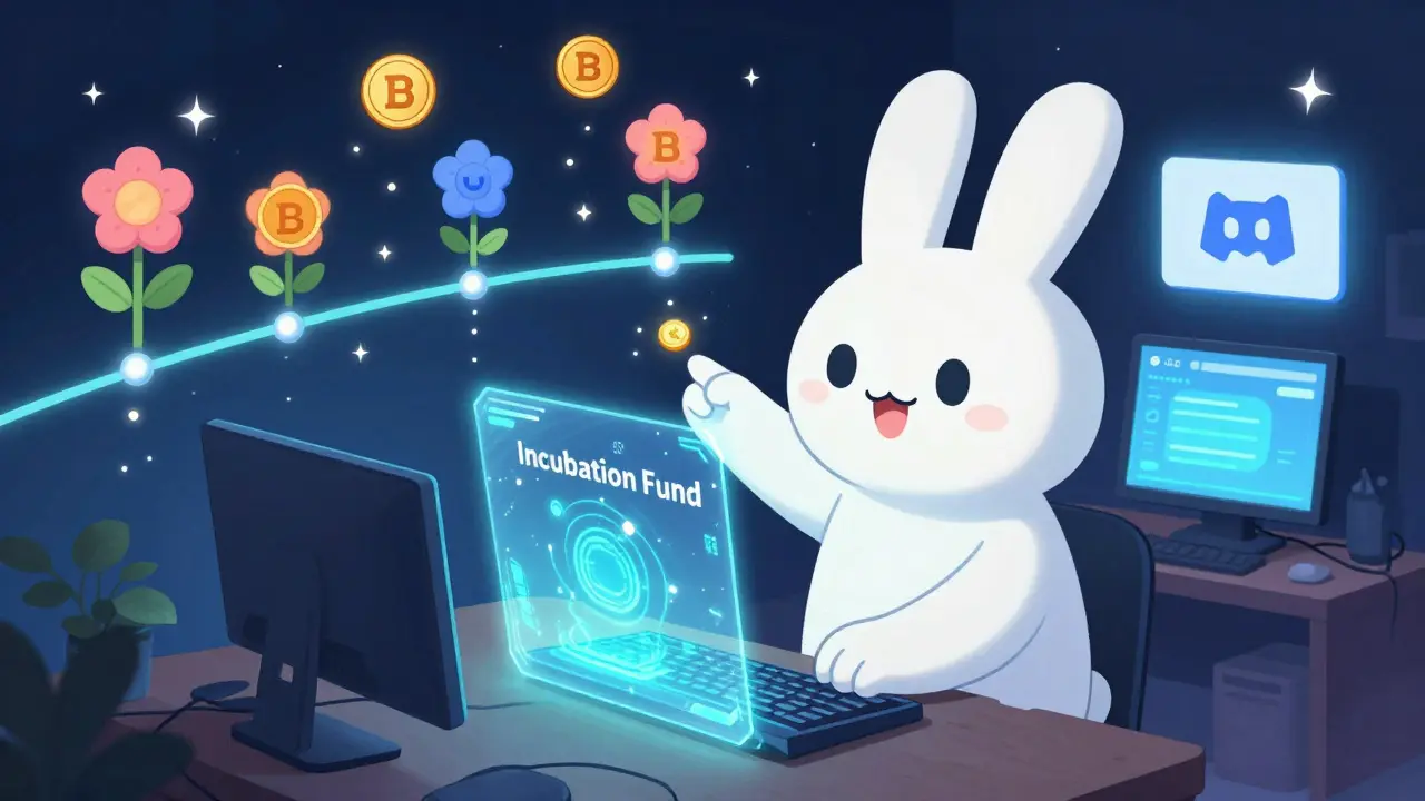 Un desarrollador recibe guía de un conejo mágico mientras crea proyectos NFT y recibe tokens BP.