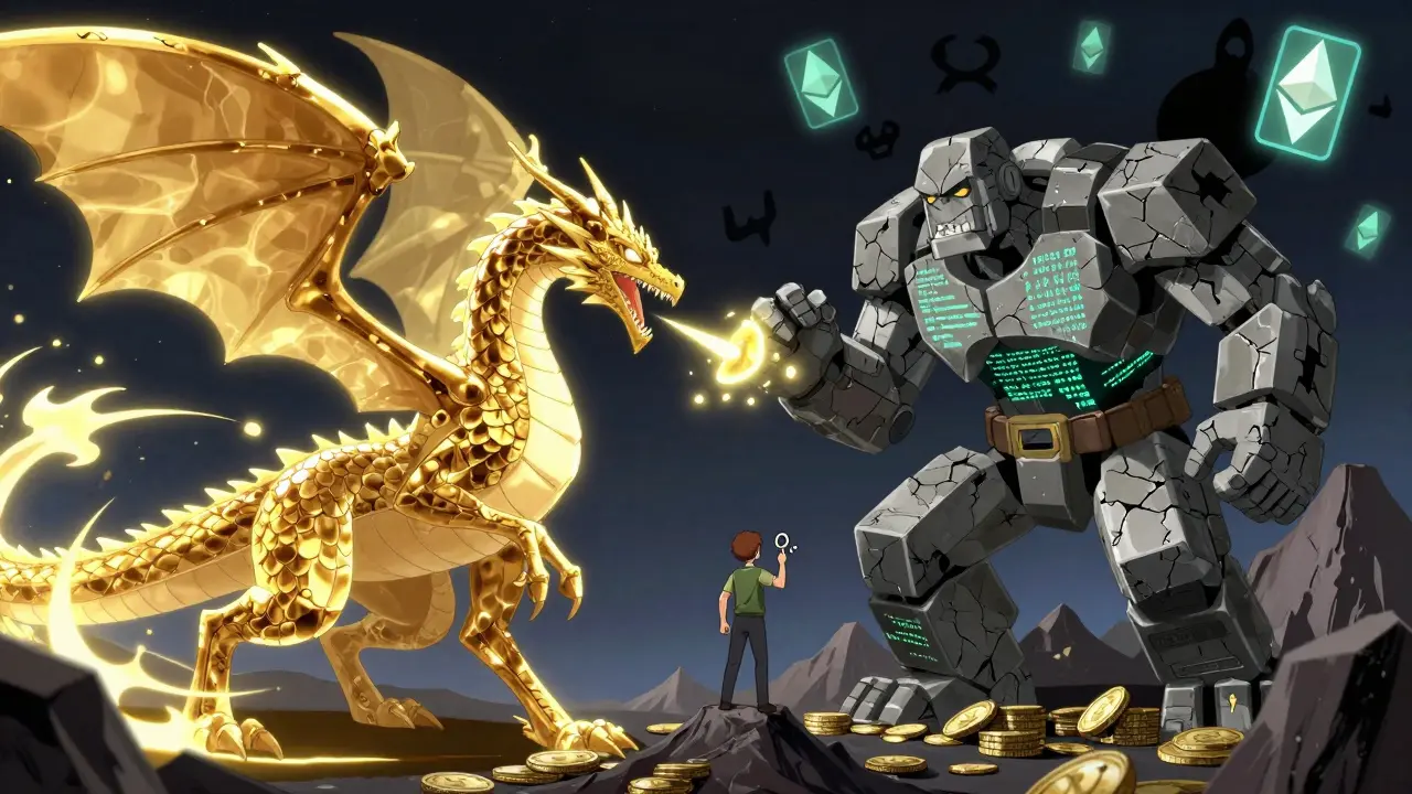 Un dragón moderno de Uniswap lucha contra un golem de ForkDelta hecho de bloques de Ethereum, mientras un trader observa desde abajo.