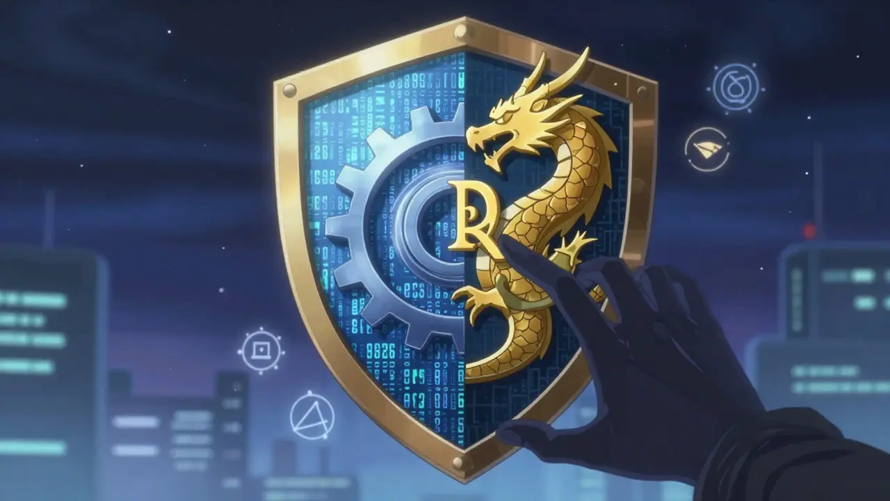 Un escudo híbrido con engranajes y una dragón de firma digital protegiendo una red criptográfica contra hackers.