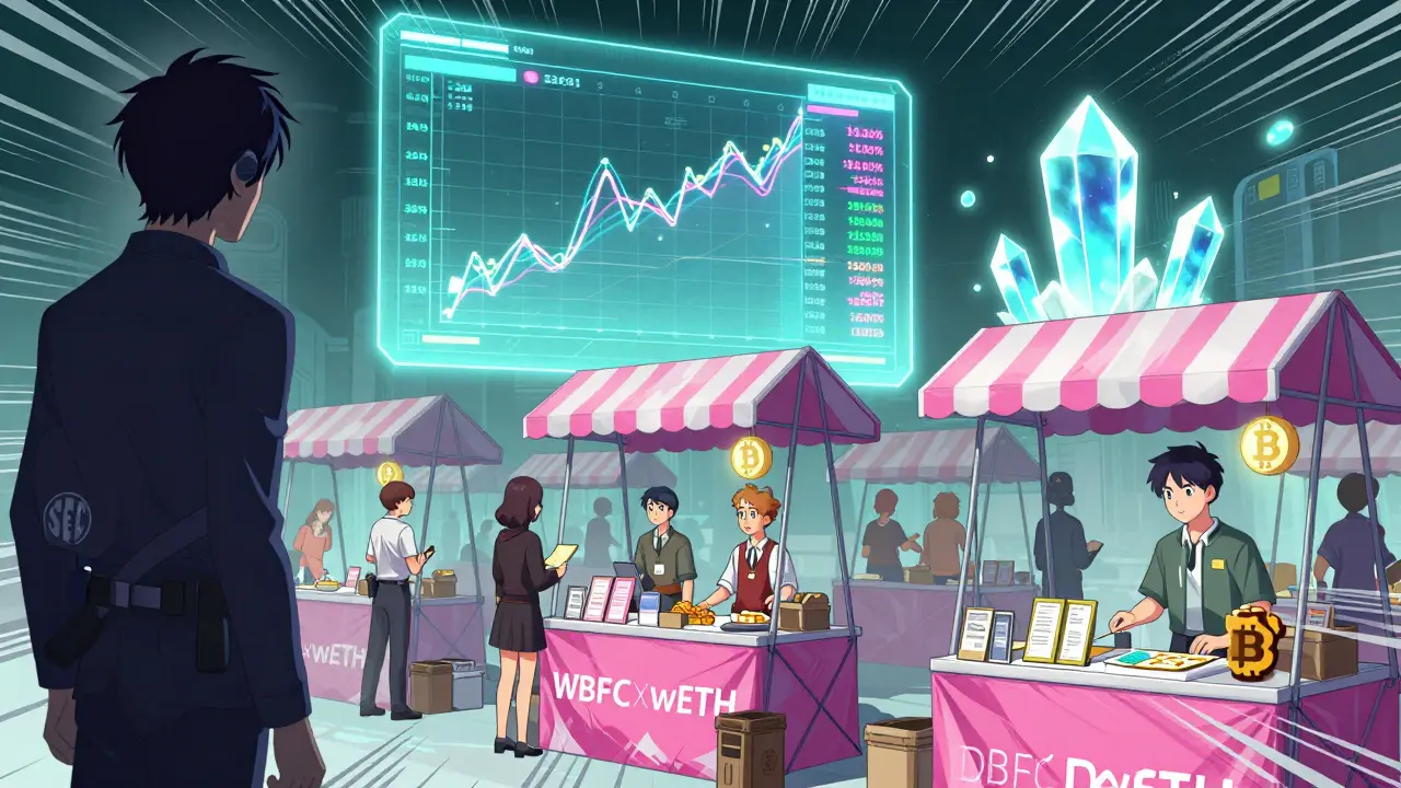 Un mercado DeFi futurista donde usuarios intercambian tokens envueltos bajo un holograma de mercado, con un agente observando desde arriba.