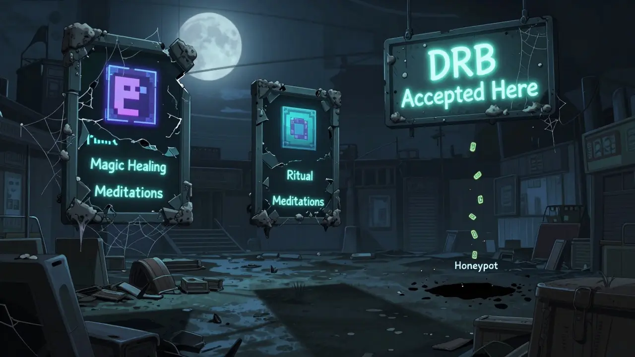 Un mercado digital abandonado con NFTs rotos y un letrero que dice &#039;DRB Aceptado&#039;, desapareciendo en un agujero negro.