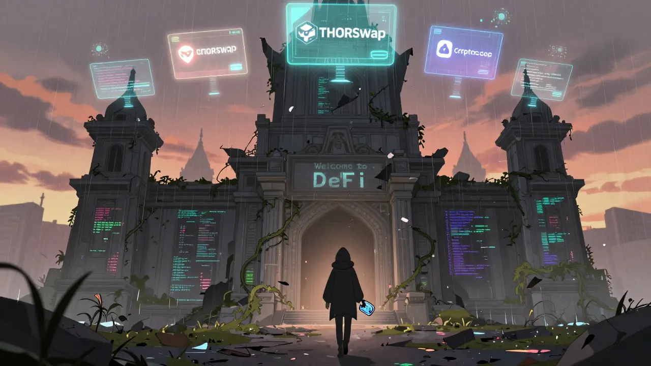 Un templo abandonado de CroSwap cubierto de código descompuesto, mientras otros intercambios brillan en el cielo.