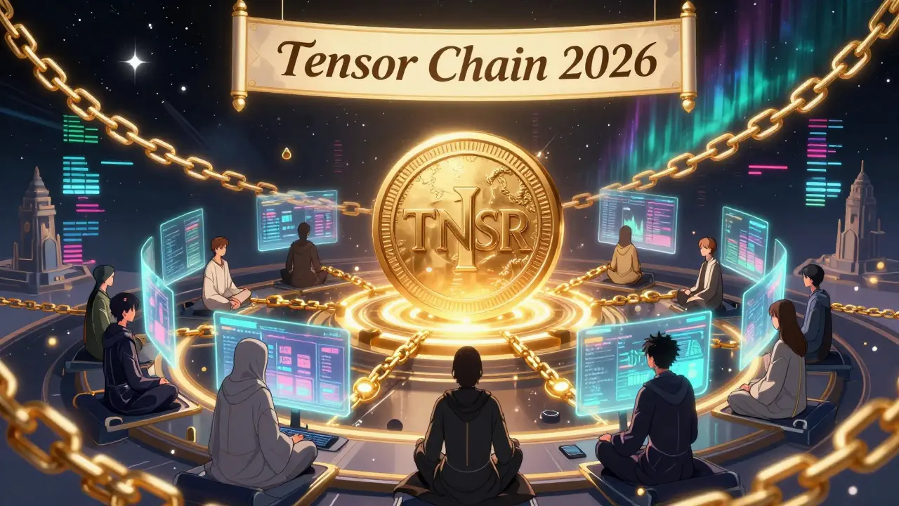 Un templo digital de Tensor V2 con un token TNSR central y cadenas de Solana, estilo anime cel-shaded.