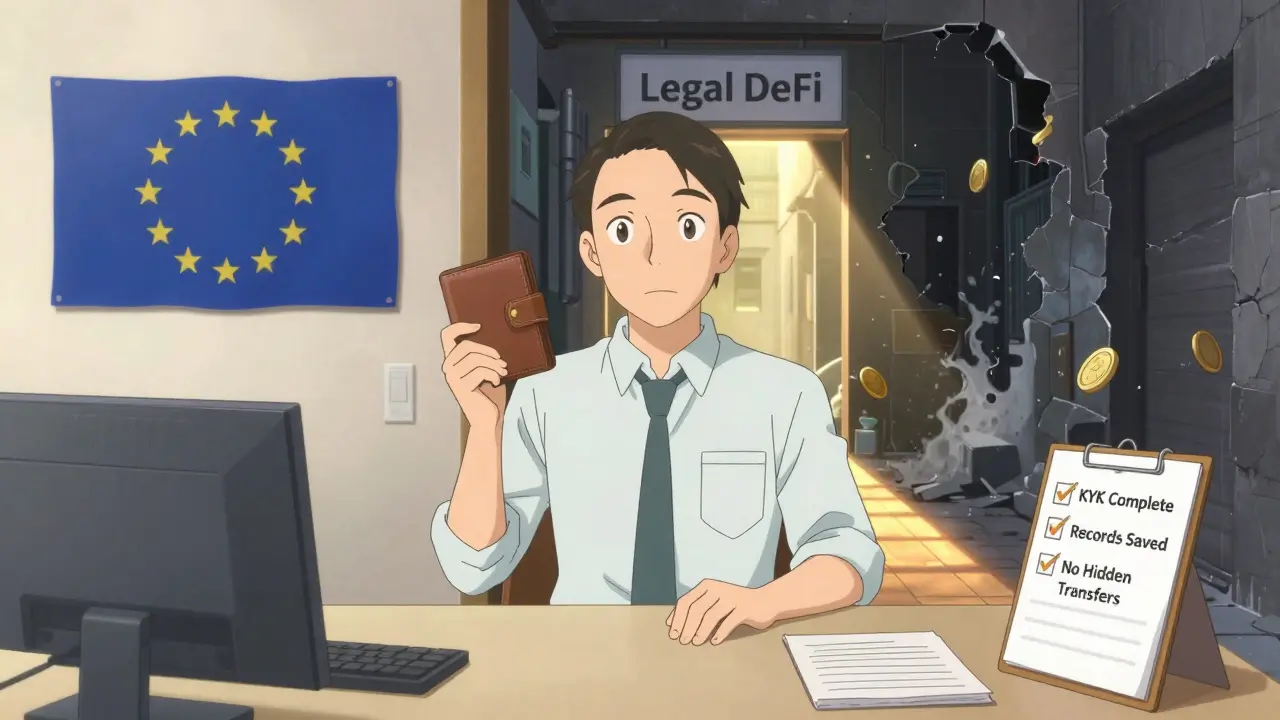 Un trader honesto en un espacio luminoso con una billetera segura y un checklist de cumplimiento, mientras detrás se desvanece un mundo de intercambios ilegales en sombras.