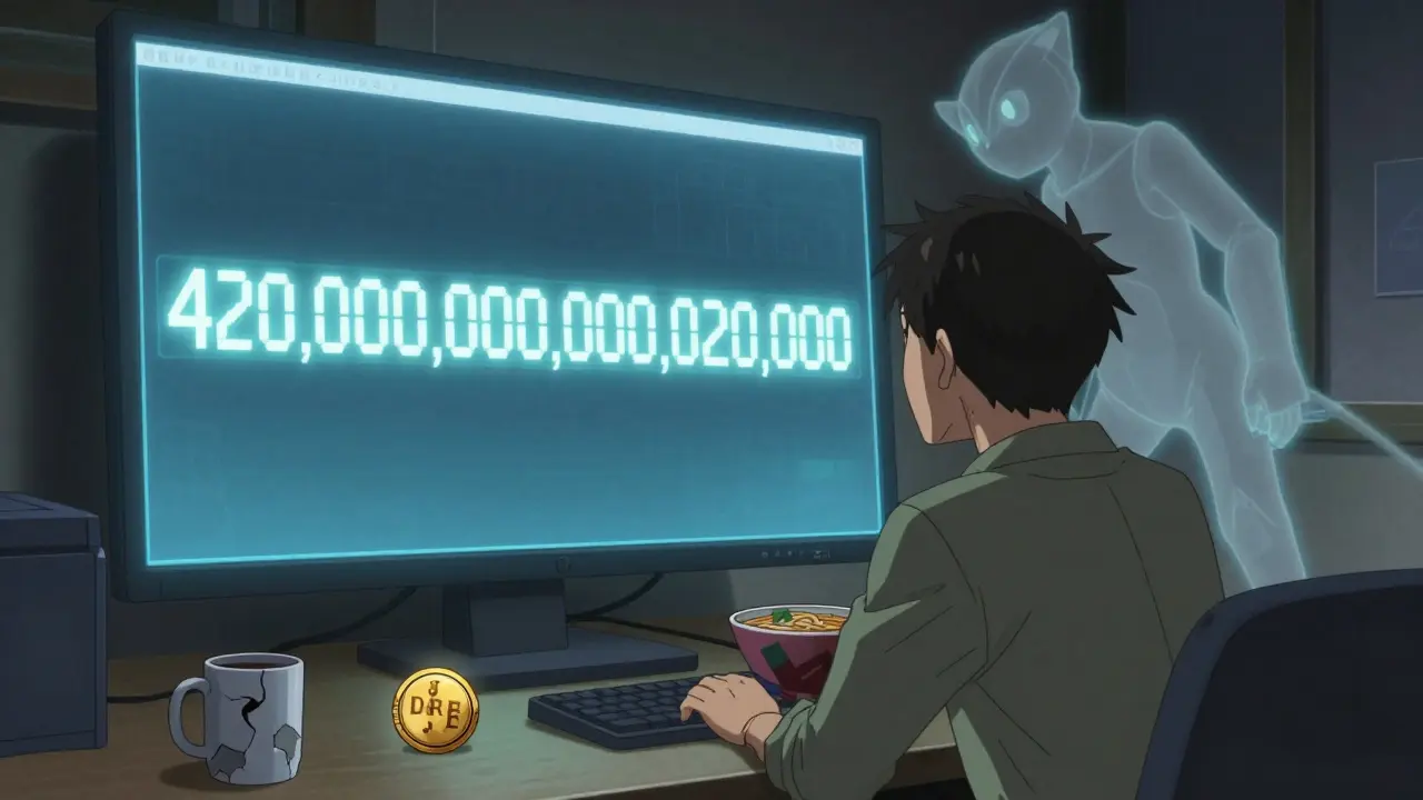 Un trader mira una pantalla con un número gigante de tokens DRB, mientras una figura de Digimon se desvanece tras él.