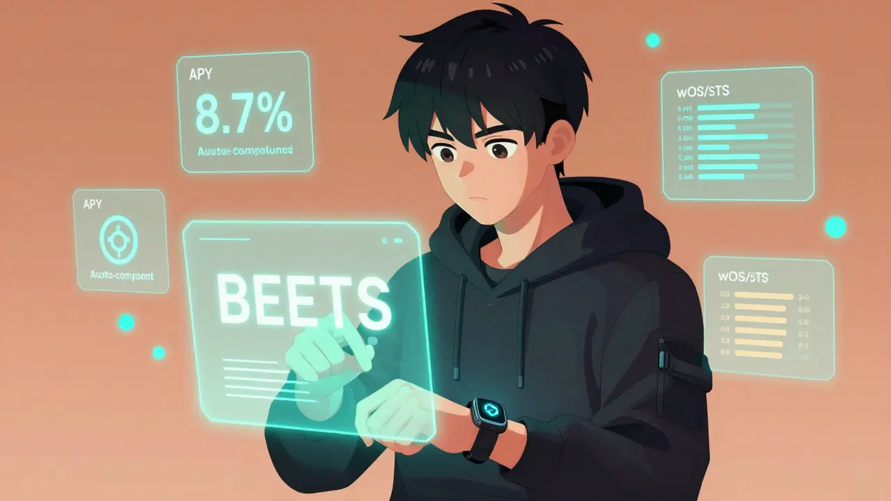 Un usuario conecta su billetera a una interfaz holográfica de BEETS, con estadísticas de rendimiento flotando alrededor.