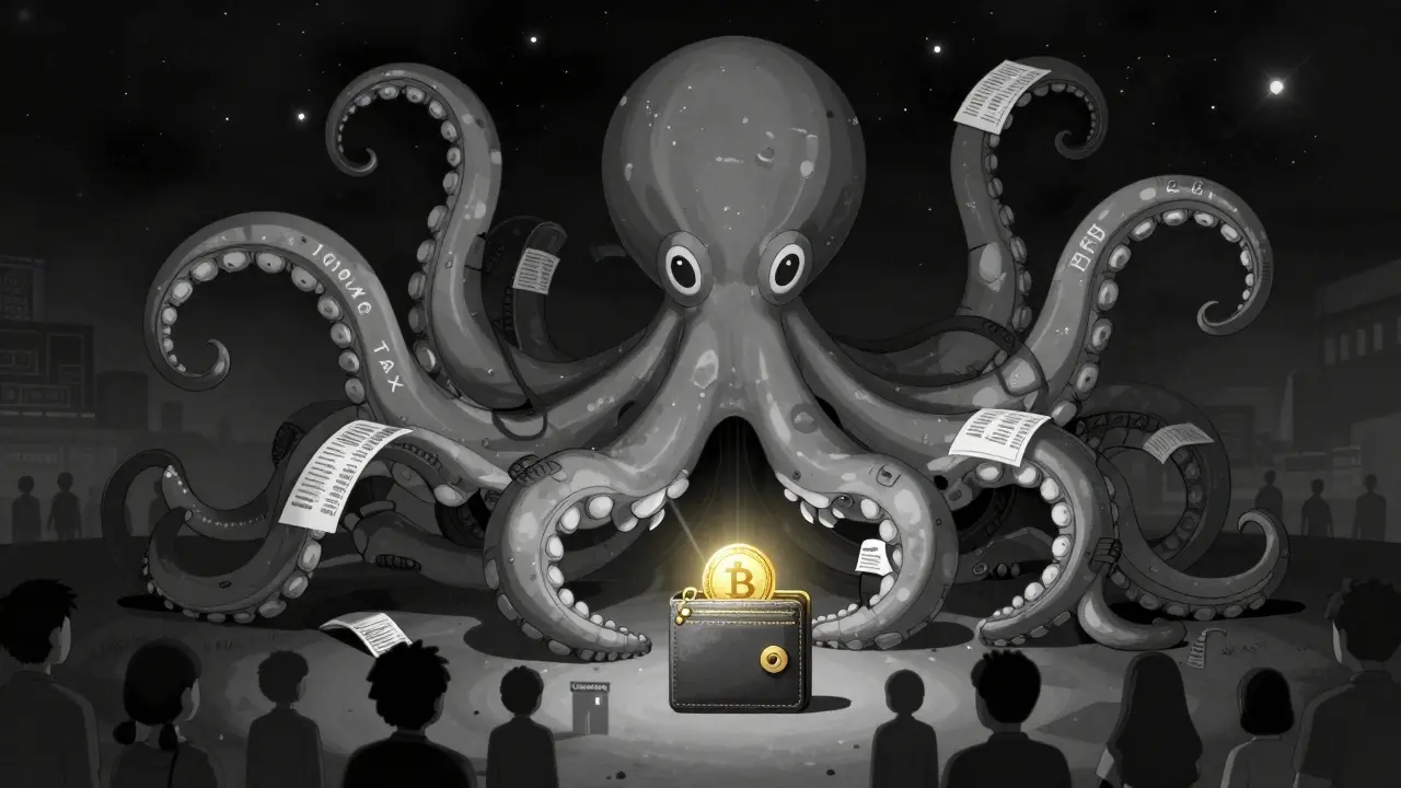 Una red gubernamental como un pulpo mecánico controlando una billetera cripto.