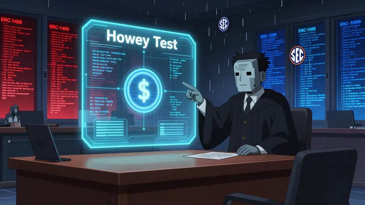 Una sala de juicio digital muestra un token siendo disfrazado mientras el Test Howey se proyecta en holograma.