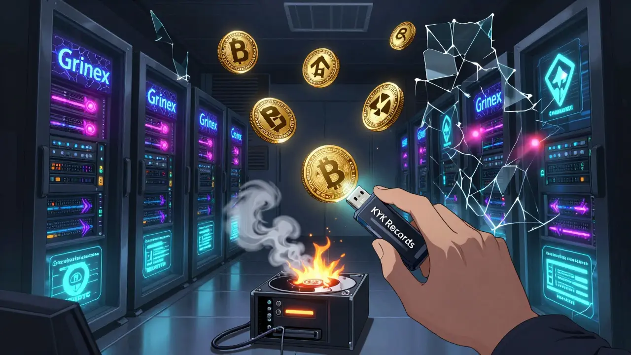 Una sala de servidores oculta con el nombre &#039;Grinex&#039; en neón, monedas cripto marcadas con símbolos de ransomware y rastreadores digitales brillantes en las paredes.